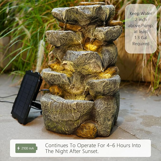 Solar Water Fountain Outdoor Garden, 19.3 Inch Cascading Stone Design 5 Tier Rock Feature Outdoor Fountains Waterfalls with Light, Pump Solar Panel for Patio, Deck, Porch, Backyard Home Décor