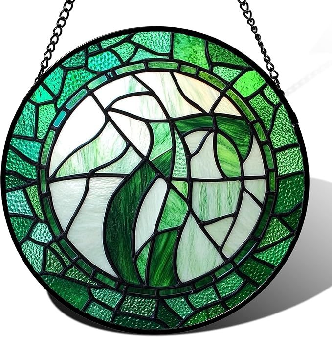 QZQCBLC Stained Glass Window Hanging Abstract Green Plants 7.8" - Suncatcher Door Garden Sun Catcher Home Ireland Decor Birthday Mother's St Patrick's Day Gifts for Mom Men Woman Wife Friends