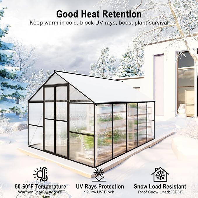 8X10 FT Greenhouses for Outdoors, Aluminum Large Polycarbonate Greenhouse, Quick Setup Walk in Green House with Roof Vent and Swing Lockable Door for Outside, Black (119" W x 96" D x 77" H)