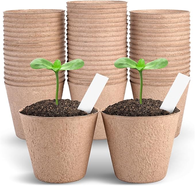 ARGCONNER 4 Inch Peat Pots, 50PCS Biodegradable Plant Starting Pots Round Nursery Pot, Garden Germination Nursery Pot Bonus 20 Plant Labels (4 Inch, 50P)