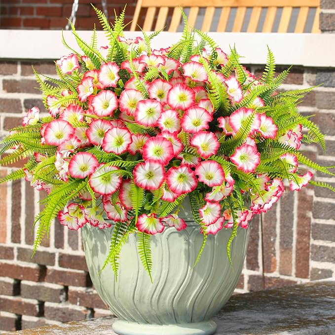 HIAGROW Artificial Flowers Outdoors 12 Bundles Pink Artificial Petunias Fake Flowers UV Resistant Shrubs Plants with Fern for Indoor Outside Hanging Planters Home Garden Summer Decorations