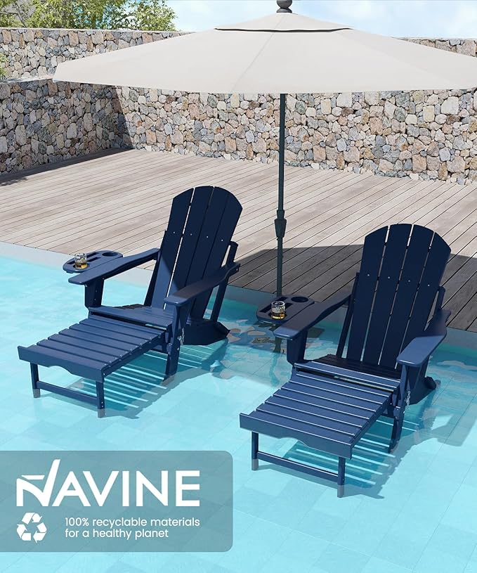 Adjustable Adirondack Chair with Retractable Ottoman, HDPE Folding Adirondack Chair with Cup Holder, All Weather Fire Pit Chair for Outdoor.