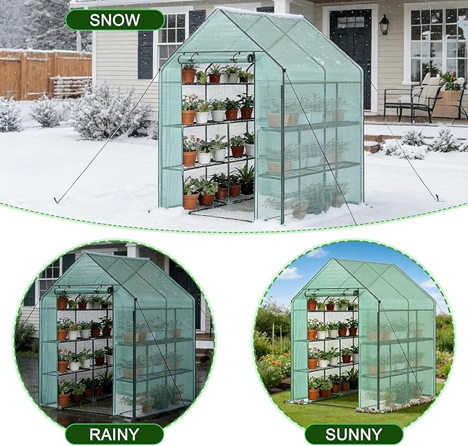 Grezone Walk-in Greenhouse Upgraded Portable Green House with Thicken PE Cover, 3 Tiers 8 Shelves for Outdoors，Heavy Duty Plastic Plant Warm House with Reinforced Frame (56x56x77 in)