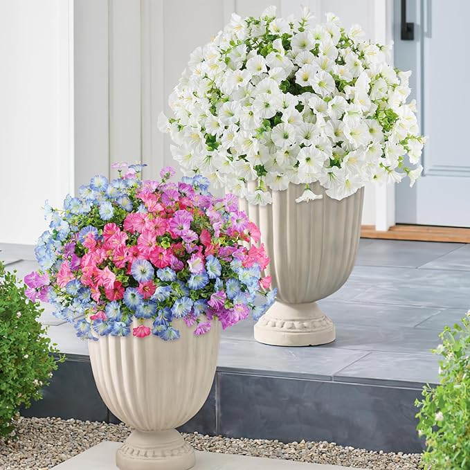 12PCS Artificial Flowers for Outdoor Decorations, Realistic Faux White Silk Petunia Flowers for Outside, Fake Plants Morning Glory with Eucalyptus Porch Patio Planters Window Boxes Decor