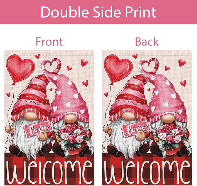 Valentines Day Gnomes Garden Flag 12x18 Inch Double Sided，Flower Love Hearts Welcome Small Burlap Yard Flag for Home Outside Holiday Decoration