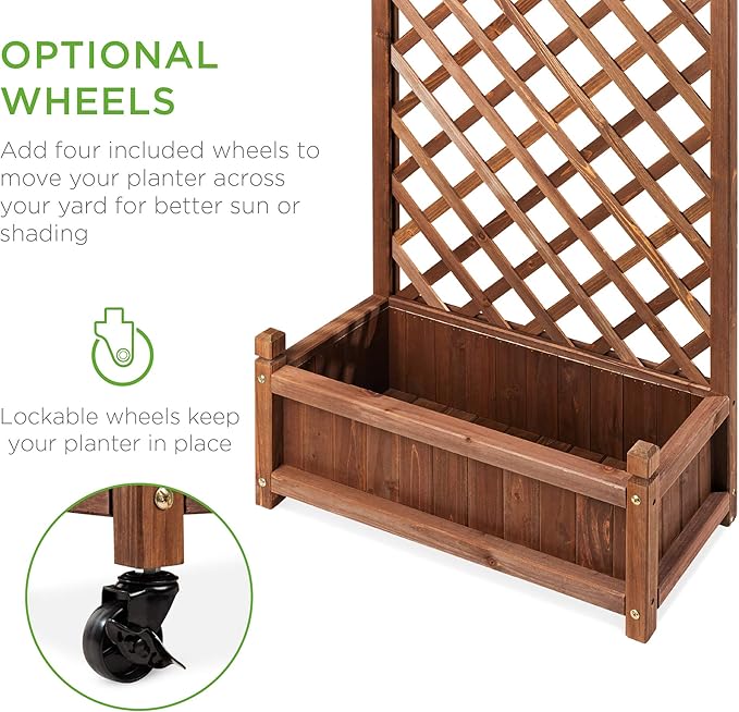 Best Choice Products 60in Wood Planter Box & Diamond Lattice Trellis, Mobile Outdoor Raised Garden Bed for Climbing Plants w/Drainage Holes, Optional Wheels - Walnut
