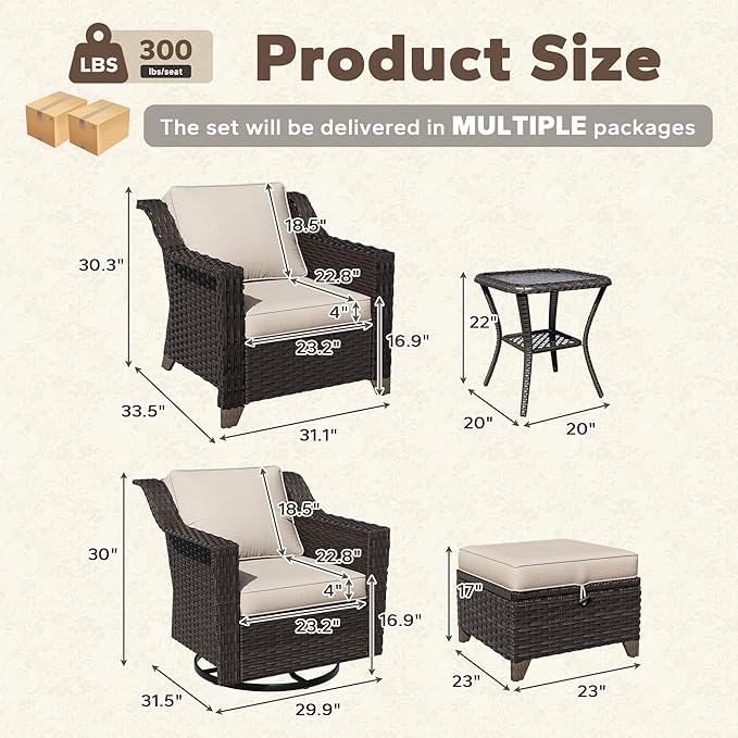7 Pieces Patio Conversation Furniture Set - 2 Armchairs, 2 Ottomans, 2 Swivel Chairs, 1 Side Table, Outdoor Wicker Furniture with Removable Cushions for Porch, Balcony, Sunroom (Beige)