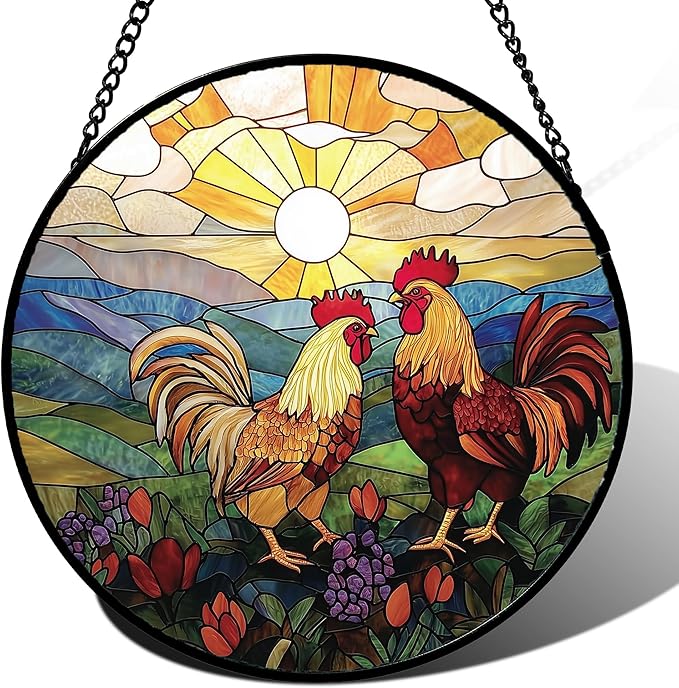 Stained Glass Window Hanging, Countryside Scenery Chicken Sun Catcher for Door Home Decor Sunrise Suncatcher Christmas Mother's Day Birthday Gifts for Women Men Mom Nana 6.3 in