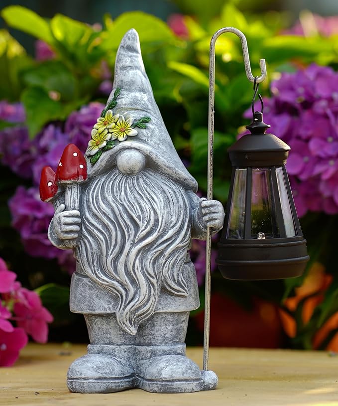 Garden Gnome Statue with Solar Lights Lantern,Outdoor Sculpture Home Decor for Yard Lawn Balcony Patio Porch,Gardening Gifts for Mom Women Grandma
