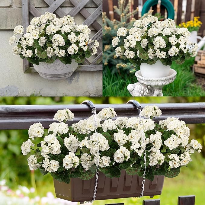 Uqueeten Artificial Flowers for Outdoors Artificial Geranium,Fake Flower White Geranium Artificial Plant Home Decor,Silk Geraniums Realistic Outdoor Flower Fake Plant Decoration 14.4" (White) 8PCS