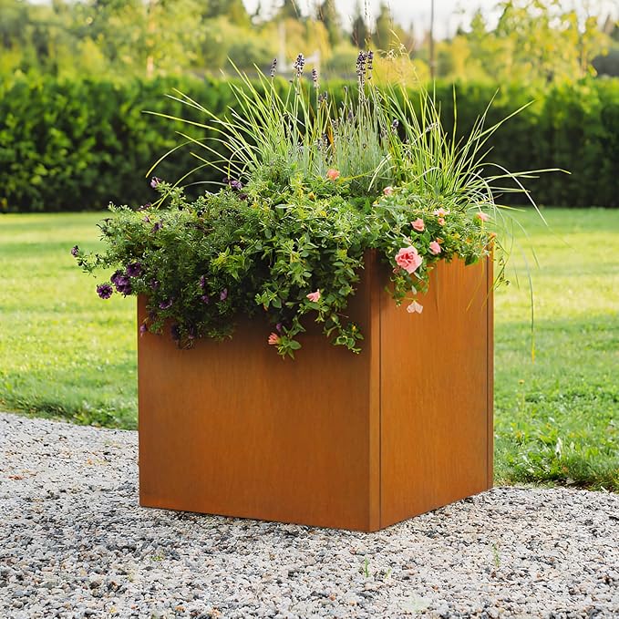 Meyoppm Corten Steel Planter Box 24"x24"x25", Rustic Metal Planter with Partitions & Drainage Holes, Frost Rust Resistant Heavy Duty Planter for Patio Garden Indoor Outdoor Commercial Decor
