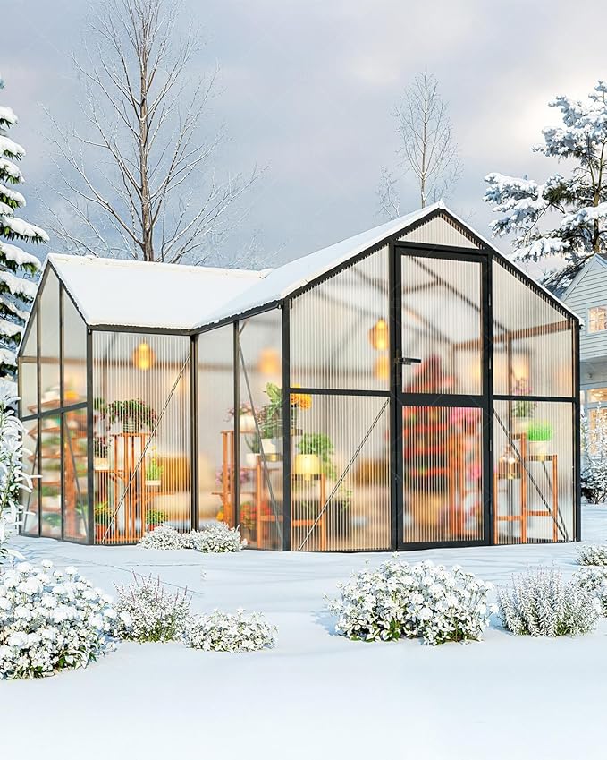 T-Shape Greenhouses, Polycarbonate Green House with UV Protection, Heavy Duty Greenhouse with Windproof Aluminum Frame, Roof Vent & Quick-Install Design for Backyard or Garden Use