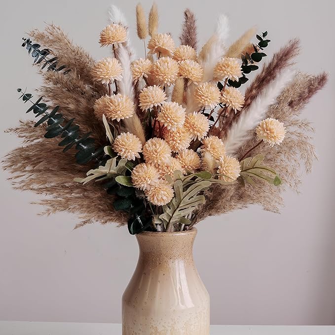 RoseTalk Simulation Flower Decor Luxury Faux Flower Arrangements – Realistic Artificial Flowers with Beige & White Peonies, Dried Pampas Grass, Bunny Tails & Eucalyptus