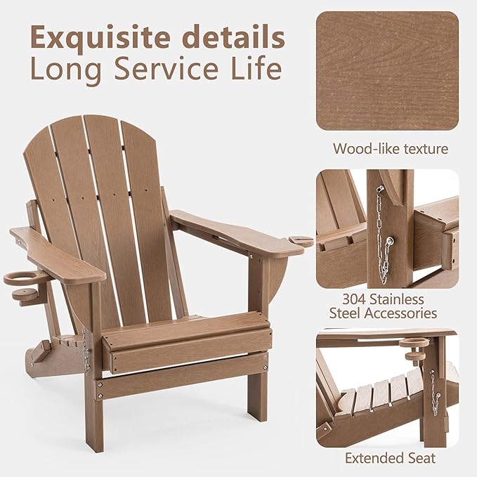 Folding Adirondack Chair Set with Side Table - HDPE Outdoor Patio Chairs, Weatherproof Chair with Reclining Back, Cup & Phone Holder, and 2-Tier Storage End Table for Firepit or Garden (Brown)