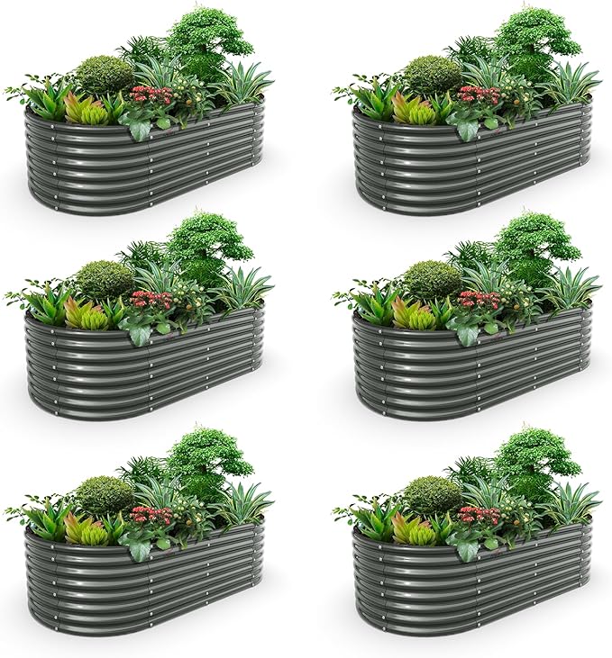 A ANLEOLIFE 6-Set 8X4X2 ft Galvanized Raised Garden Bed Kit, Oval Metal Deep Root Planters for Outdoor Plants, Quartz Grey