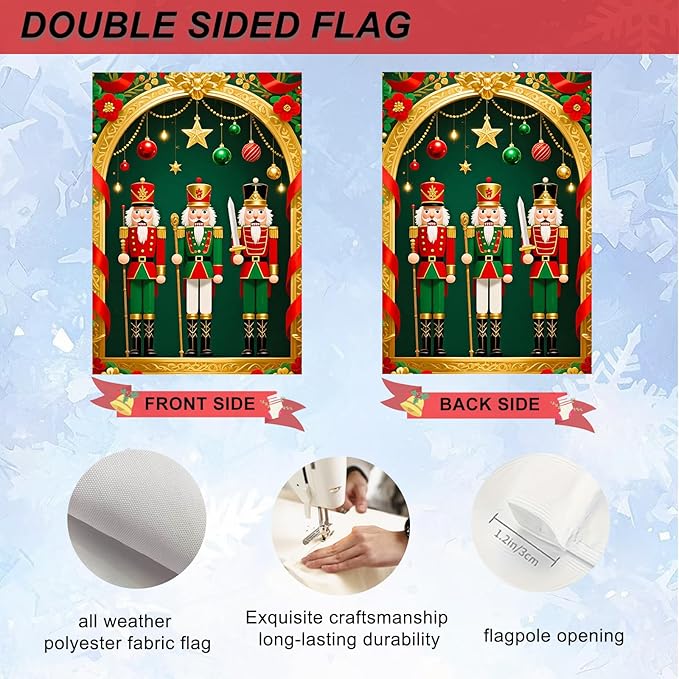 IVN Christmas Garden Flag 12x18 Inch Double Sided Classic Nutcracker Soldiers with Ornaments Outdoor Yard Flag for Outside Home Front Door Lawn Porch Patio Welcome Decor