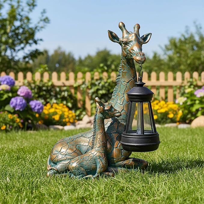 YHSOLAR Solar Garden Decor - Mother Baby Giraffe Statue with Solar Lantern 9.7" Resin Giraffe Figurine Outdoor Patio Yard Porch Decor Gifts for Mom Grandma Women Gardeners