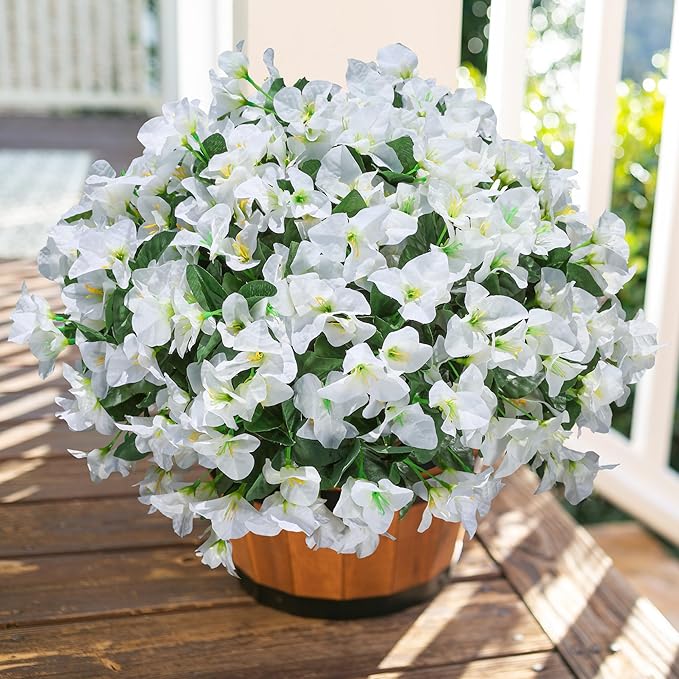 Artificial Bougainvillea Flowers for Outdoors Fake Plants, 4 Bundles White Fake Spring Flowers Silk UV Resistant Look Real Faux Flowers for Outdoor Planters Porch Patio Window Garden Outside Decor