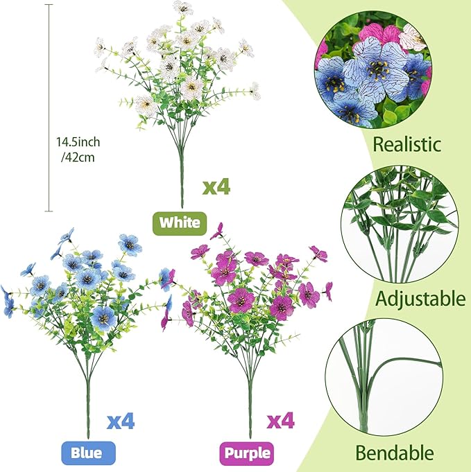 Artificial Spring Flowers Outdoors Faux Plants UV Resistant Plastic Flowers Outdoors Fake Greenery Plants Outside for Garden Porch Planters Silk Flowers Daisy Decor, 12 Bundles (Mix White Blue Purple)