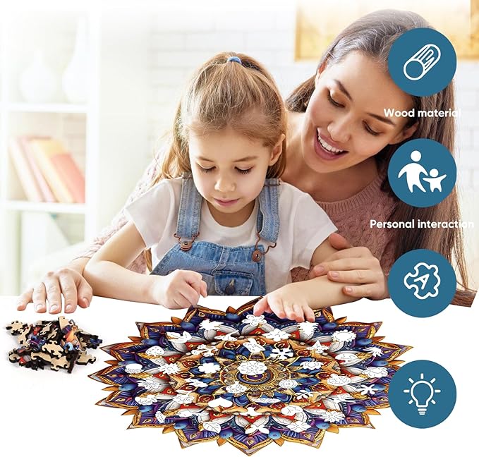 Delobil Jigsaw Puzzles for Adults, Mandala Flower Wooden Puzzles 200 Pieces, Geometric Art Gold Round Jigsaw Puzzles for Adults and Kids, Family Puzzle Games Gift Puzzle, 11.4 x 11.3 Inches