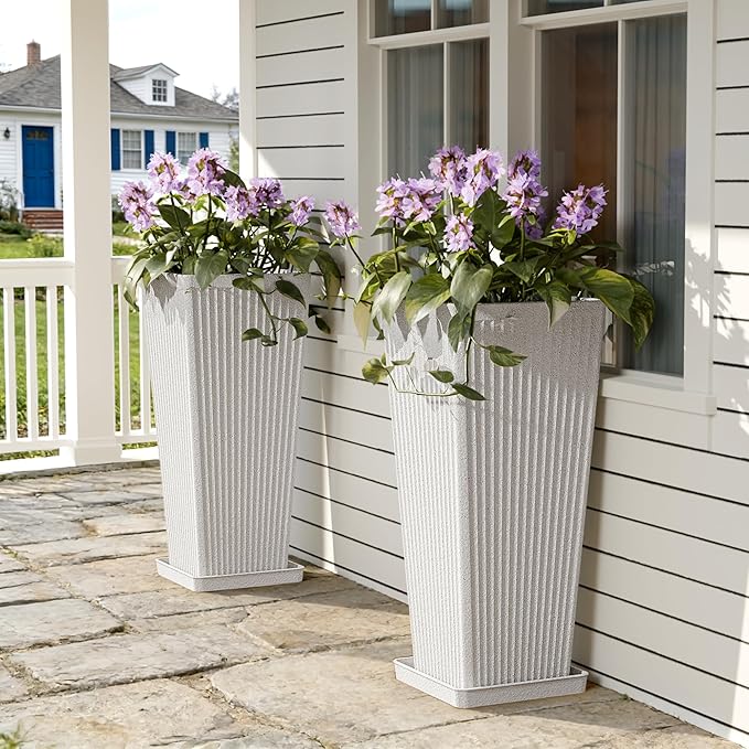 Trygoal Square Tall Planters for Outdoor Plants Set of 2-23.6" Heavy-Duty Classic Tapered Indoor Flower Pots with Drainage Holes/Partition/Tray, Large Outdoor Planters for Porch Patio Garden, White