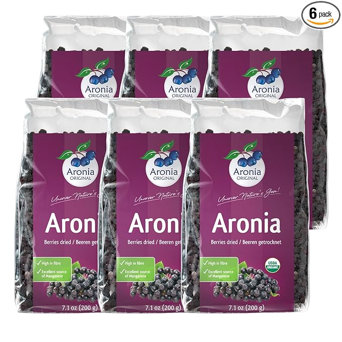 Organic Dried Aronia Berries 7.1 oz (6-Pack) – No Sugar Added | Vegan, Non-GMO, Gently Dried Black Chokeberries | High in Antioxidants & Fiber – Made in Germany