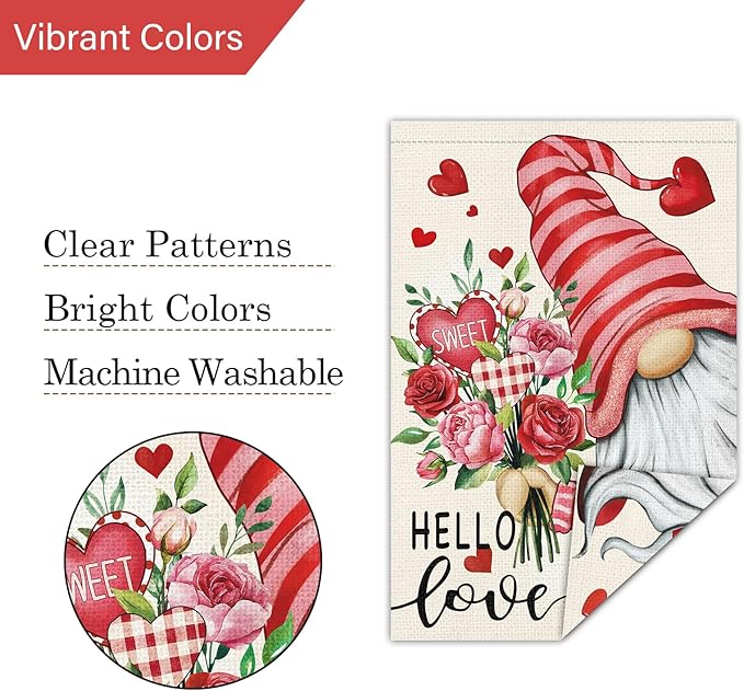Louise Maelys Hello Love Valentine's Day Garden Flag Gnome Floral Heart 12x18 Inch Double Sided Welcome Small Burlap Spring Holiday Yard Outdoor Home Decor