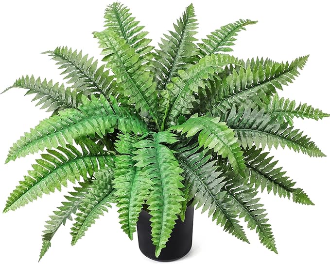 FineCheer Fake Ferns Potted Plant Faux Boston Bush in Pot Artificial Greenery Fern Plant for Spring Summer Patio Garden Farmhouse Windowsill Entrance Porch Office Living Room Decor (24 Leaves)