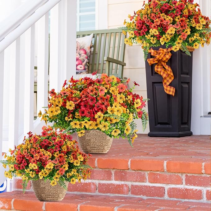 Pinenoya Artificial Fake Flowers Plants for Outdoor,18 Bundles Faux Plants Outside No Fade Plastic UV Resistant for Front Door Porch Patio Balcony Garden Yard Decorations