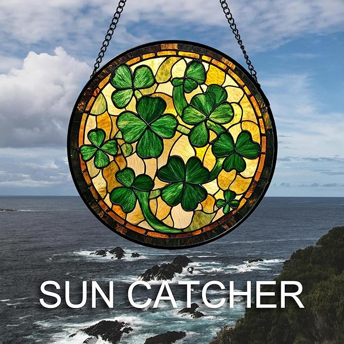 QZQCBLC Stained Glass Window Hanging Green Retro Lucky Clover 7.8" - Suncatcher Door Garden Sun Catcher Ireland Decor Birthday Mother's St. Ripack's Day Gift for Woman Mom Men Friend Nana Wife