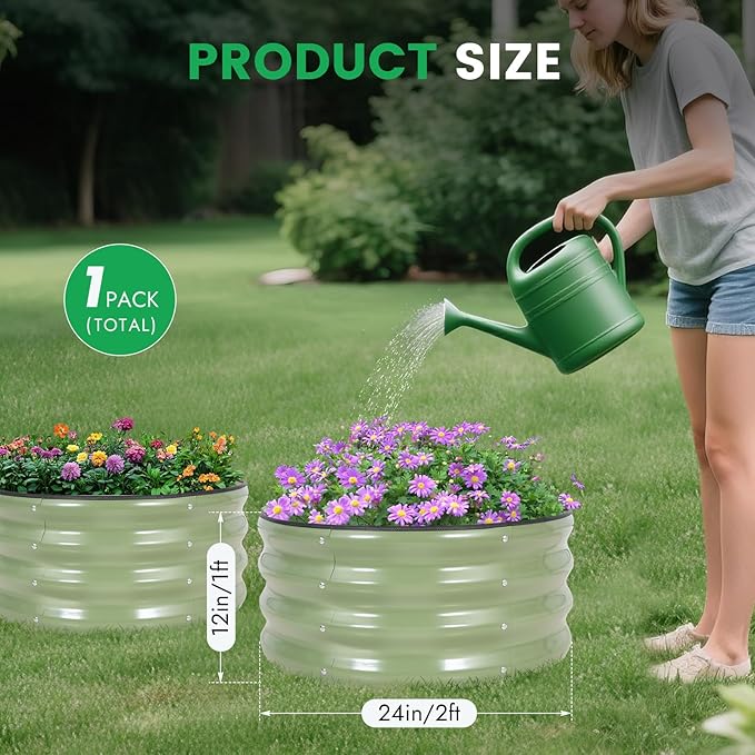 INNO STAG Round Galvanized Raised Garden Bed — 2×2×1ft Planter Box Outdoor Raised Beds Kit for Gardening Vegetables, Fruits, Herbs, and Flowers, Olive Green
