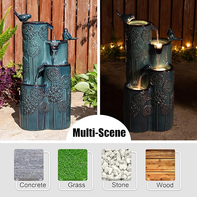 Glitzhome 27" H Outdoor Water Fountain with LED Light, Pump & Adapter, 4-Tier Turquoise Dandelion Vase Ceramic Cascading Garden Fountains Waterfalls with Birds, for Porch Deck Patio Backyard