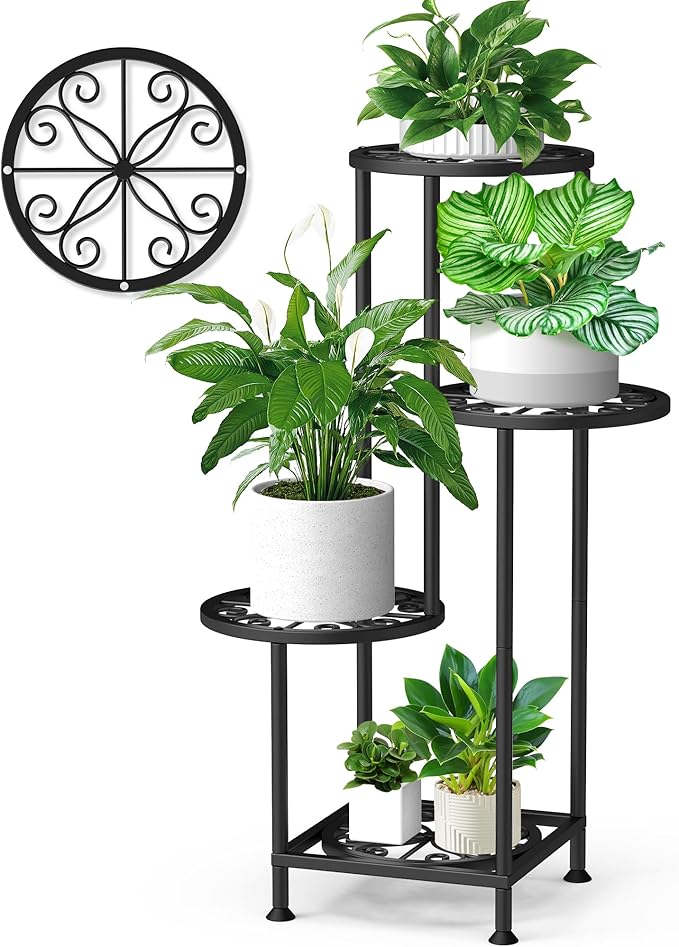 YOCOMEY 4 Tier Plant Stand Outdoor Indoor, Metal Flower Shelf Display Holder, Multiple Plants Corner Tall Flower Holders for Patio Balcony Porch Garden Living Room (Black)