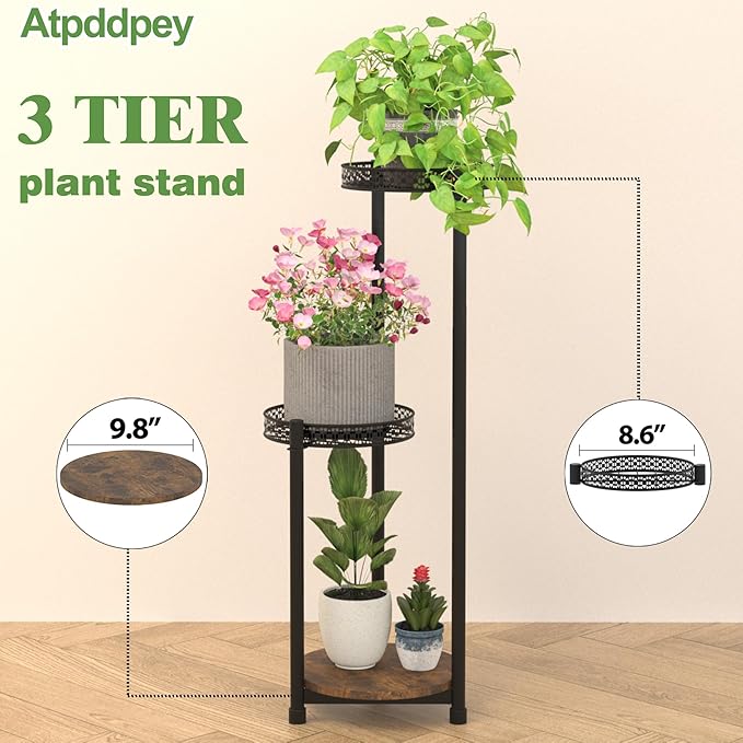Atpddpey Plant Stand Indoor Outdoor,3 Tier Metal Wood Plant Stand for Multiple Plants,Black Tall Narrow Plants Display Organizer for Corner Living Room Porch Patio Garden Office
