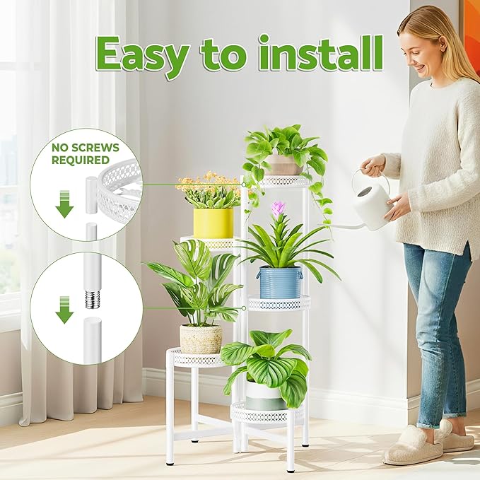 NQW Metal Plant Stand Indoor Outdoor, 5 Tier Tall Flower Pot Holder Potted Display Rack Shelf, Heavy Duty Corner Plant Shelf for Patio Garden Balcony Living Room Bedroom - WhiteWave