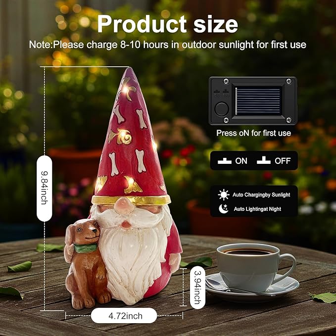 LETITIN Solar Garden Gnome with Dog Statue - Outdoor Solar Powered Gnome Decor with LED Lights, Waterproof Funny Garden Decorations for Patio, Yard, Lawn (Dog Gnome)