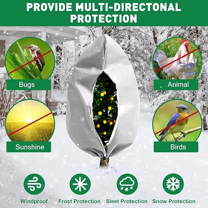 4 Pack Winter Plant Covers Freeze Protection, 47 "x 31" Thickened Frost Blankets for Outdoor Plants, Fruit Trees, Shrubs & Potted Plants | Reusable Cloth Plant Covers Jacket with Drawstring-White