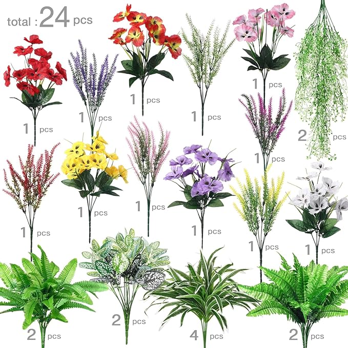 24 Pcs Outdoor Artificial Plants UV Resistant Faux Plant Fake Greenery Stems Faux Shrubs Flower for Outside Hanging Front Porch Patio Garden Window Box Home Wedding Summer Spring Decor(Mix Color)