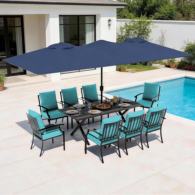 10-Pieces Patio Conversation Set,Metal Outdoor Furniture Set Includes 13.6FT Navy Umbrella,Hole Cut-Out 78.7" x 35.4" Table and 8 Metal Backrest Chairs for Backyard,Garden,Blue