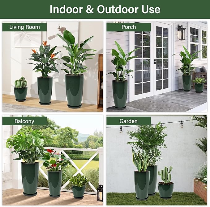 Neoaider 24/21/12 Inch Large Plastic Planter, Lightweight Ceramic-Look Tall Planters with Drain Hole & Saucers, Tall Plastic Planters for Porch, Garden, Patio, Balcony(Dark Green)