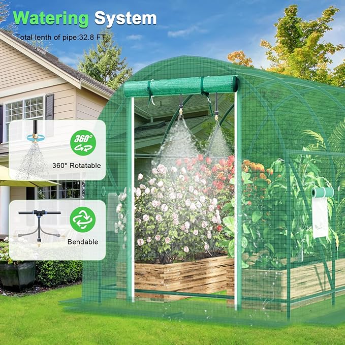 10x7x7 FT Greenhouse for Outdoors with Watering System, Winter Portable GreenHouses with Dual Zippered Door and 6 Roll-up Windows, Large Walk-in Green Houses with Heavy Duty Reinforced Frame