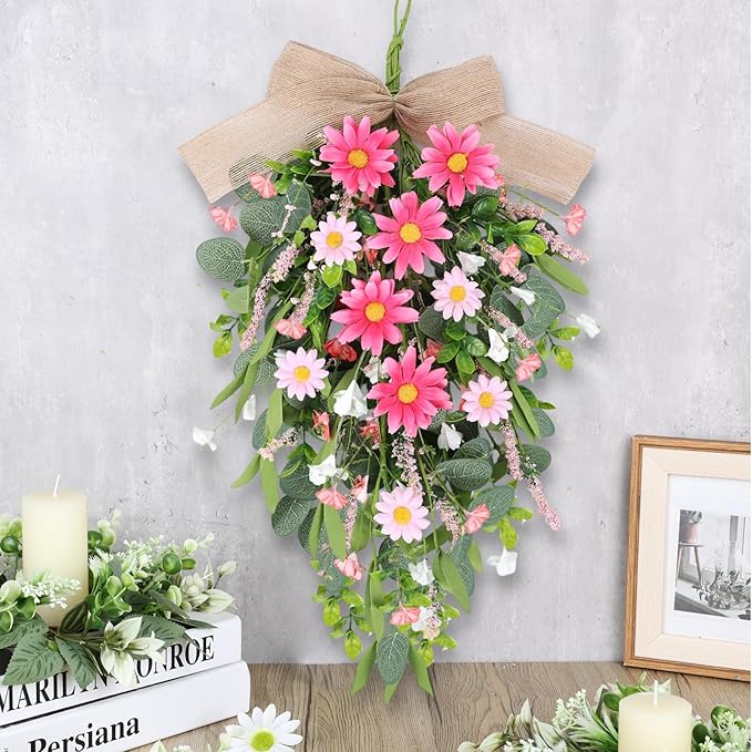 2 PCS Spring Pink Flower Teardrop Swags Silk Artificial Floral Swag Wreath for Front Door Wildflower Daisy Hanging Swags with Lavender Green Leaves for Wedding Farmhouse Home Outdoor Window Wall Decor