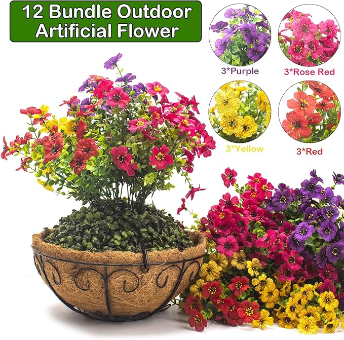 Grunyia Artificial Hanging Flowers Basket with Colorful Silk Daisies & Eucalyptus - UV/Sun-Resistant Plant for Outdoor Porch, Patio, Balcony - Indoor/Outdoor Home Decor