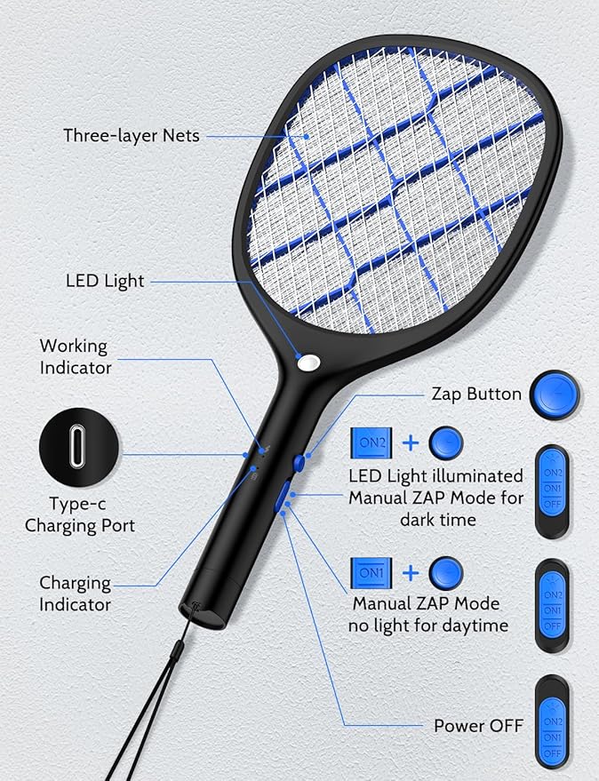 YISSVIC Electric Fly Swatter Bug Zapper Racket 4000V Rechargeable Mosquito Killer with LED Light for Indoor Home Office Backyard Patio Camping (Black Blue)