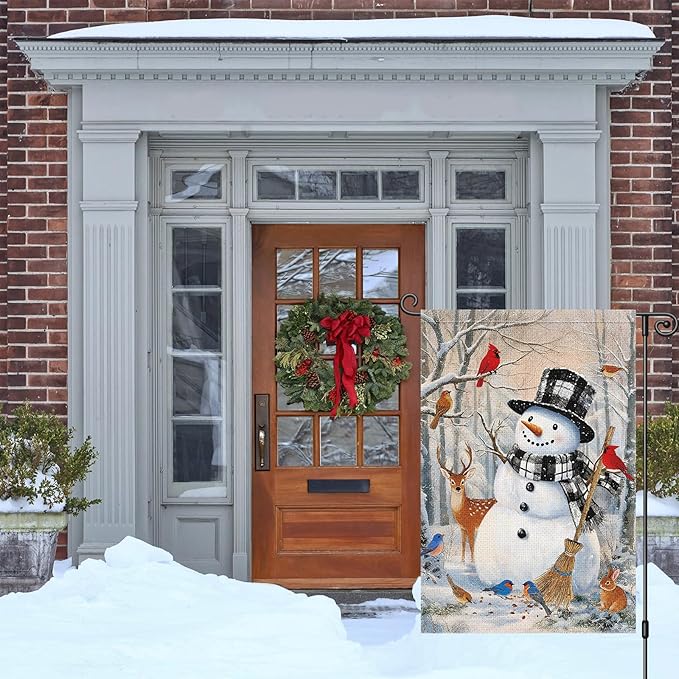 Louise Maelys Winter Garden Flag Snowman Cardinal Deer Rabbit 12x18 Inch Double Sided Welcome Christmas Xmas Holiday Seasonal Plaid Small Burlap Yard Sign Outside Outdoor House Decor