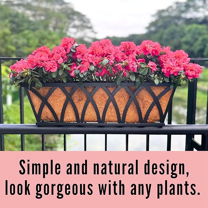 LaLaGreen Wall Planter (2 Pack, 24 Inch) Large Wall Hanging Planter Coco Liner Metal Iron Window Flower Boxes Outdoor Basket Box Attach House Outside Fence Rail Railing Plant Holder Deck Porch Balcony
