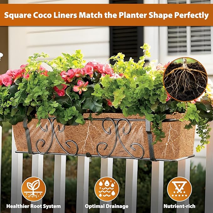 Legigo 4 Pack 30 Inch Square Coco Liners Planter Baskets Liner- Natural Coconut Coir Fiber Liner Replacement, Window Box Liners Trough Coconut Liners for Wall Planter Garden Deck Fence Flower Baskets