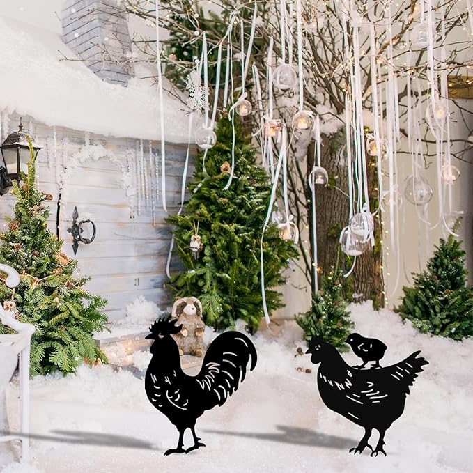 TT & MM Christmas Chicken Gifts for Women/Men,Metal Chicken Yard Decor 3 Pcs Rooster Decorations Garden Stakes,Hen/Chicks Silhouette Statues for Yard Art,Backyard,Patio,Lawn,Outdoor Decor