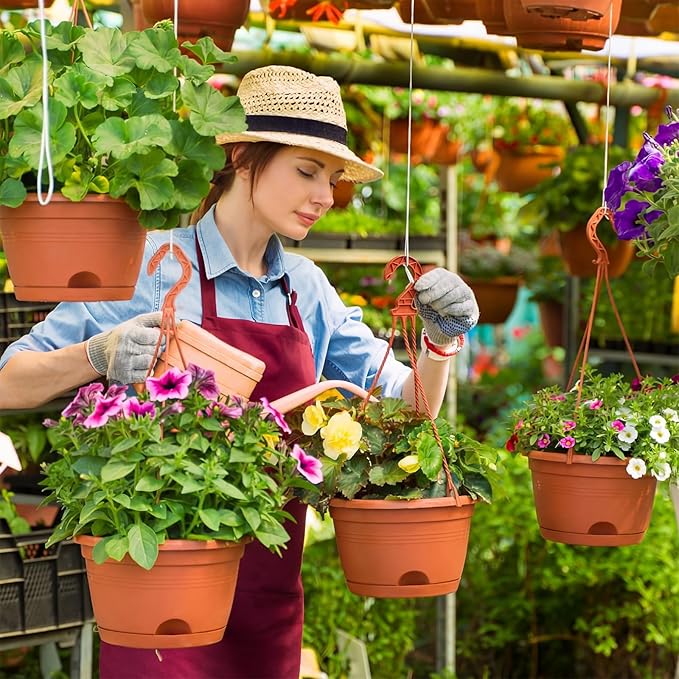 Roshtia 10 Pcs 10 Inch Hanging Baskets for Plants Large Plastic Hanging Basket Pots with Drainage Trays Self Watering Planter Pots for Outdoor Indoor Plants Flowers Garden Balcony (Brown)