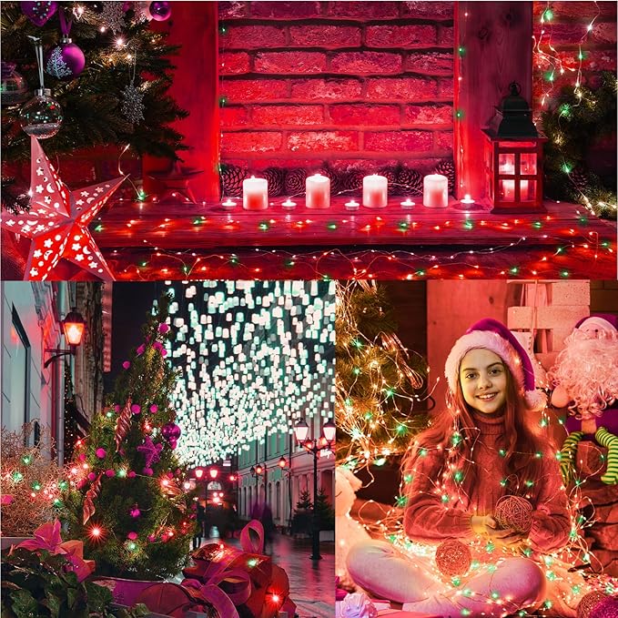 LAMPHOME Fairy Lights Plug in, 33Ft 100 LEDs Waterproof Twinkle Firefly Lights, Adaptor Included, Starry String Lights for Wedding Indoor Outdoor Christmas Patio Garden Decoration, Red and Green